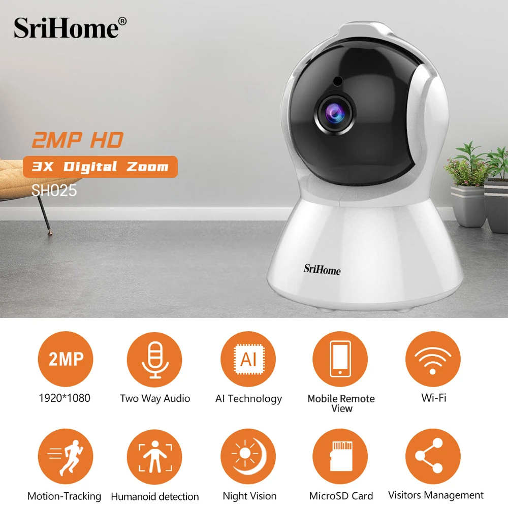 srihome camera ip de rastreamento automatico do corpo ai monitor de bebe mini 1080p wifi cctv smart home visao remota interior sh025 2mp 01