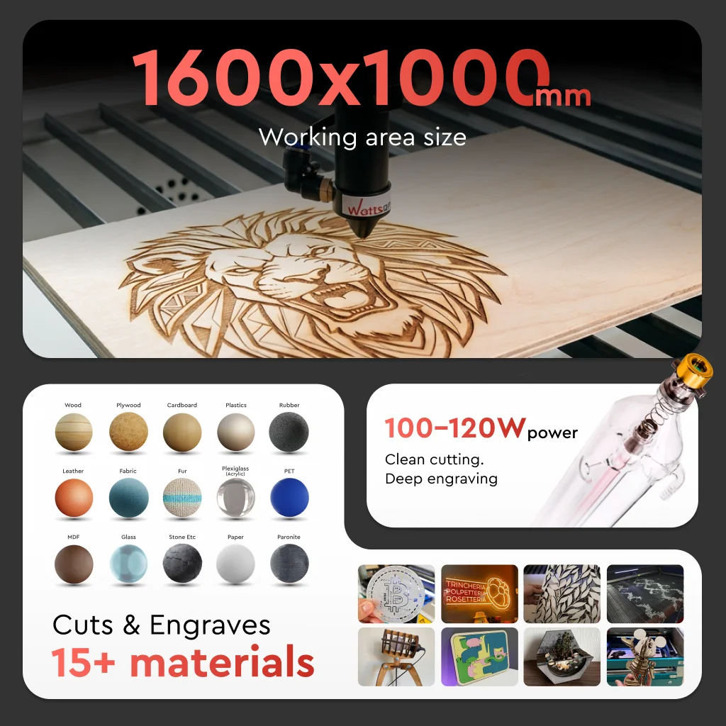 Wattsan 1610 LT CO2  Cutting Engraving Machine 1600*1000mm Large Format  Cutter For Wood Acrylic Fabric And Rubber