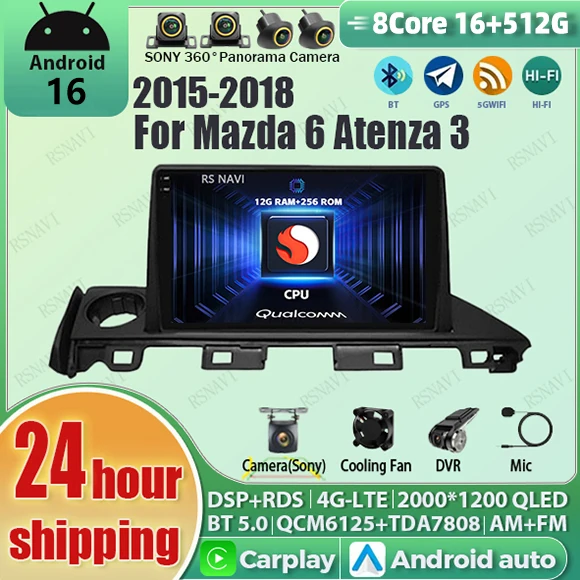 Android 16 Carplay Auto Qualcomm 2K QLED Bildschirm Autoradio für Mazda 6 Atenza 3 15-18 GPS Multimedia Wifi 4G BT Navigation