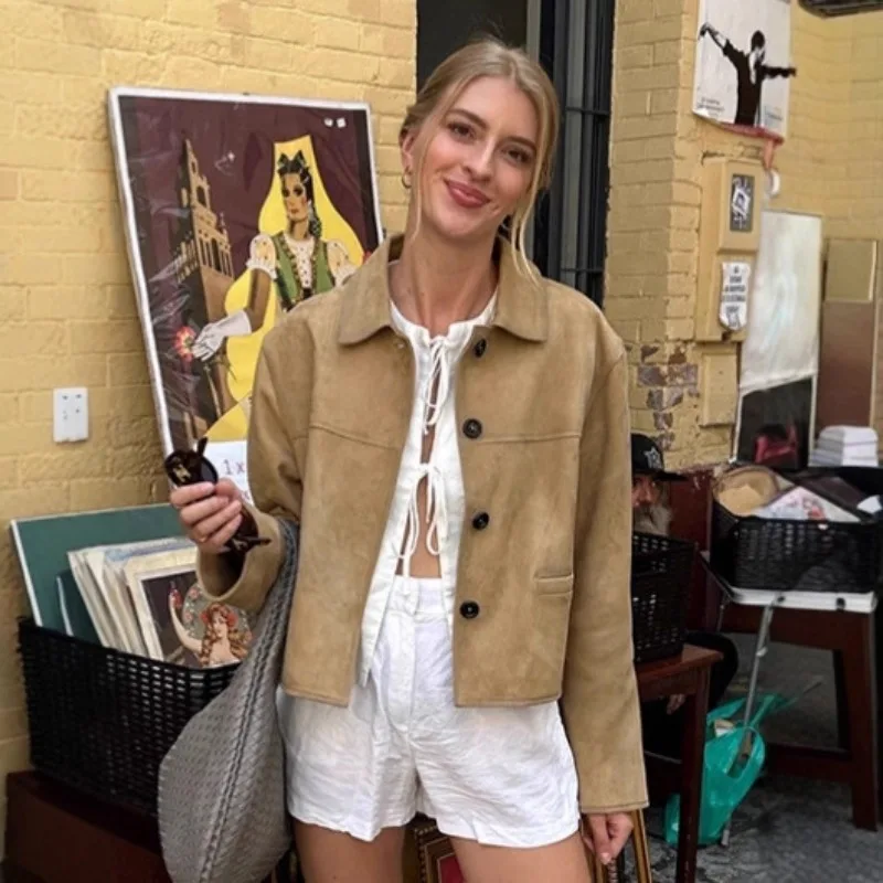 

Khaki Lapel Suede Jacket Single Breasted Loose Stylish Women's Short Windbreaker Loose Fancy 2025 New Overcoat Casual Offce Lady