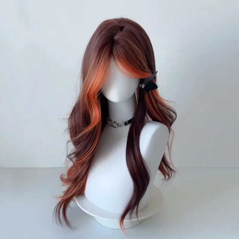 Peluca para mujer, reflejos naranjas, rojo, marrón, pelo largo y rizado, zorro rojo, capa degradado, sentido figura-ocho flequillo, diadema de ondas grandes