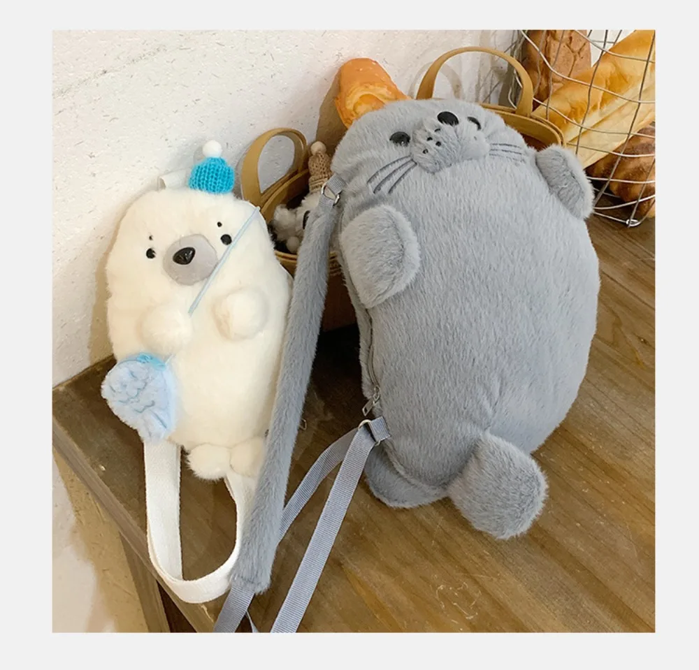 Modische Weiche Flauschige Niedliche Robben-Schultertasche Cartoon Leichte Handytasche Stoff Verstellbare Trageriemen Handtasche Damen-Accessoires – Detail 12