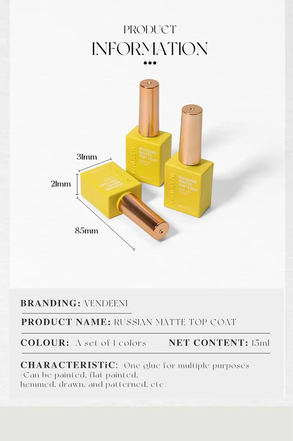 Vendeeni TPO HEMA FREE Russischer Matter Top Coat Semi-Permanenter UV Soak Off Gel Nagellack Mattierter Nicht-Klebender Puder-Matter Top Coat – Detail 2