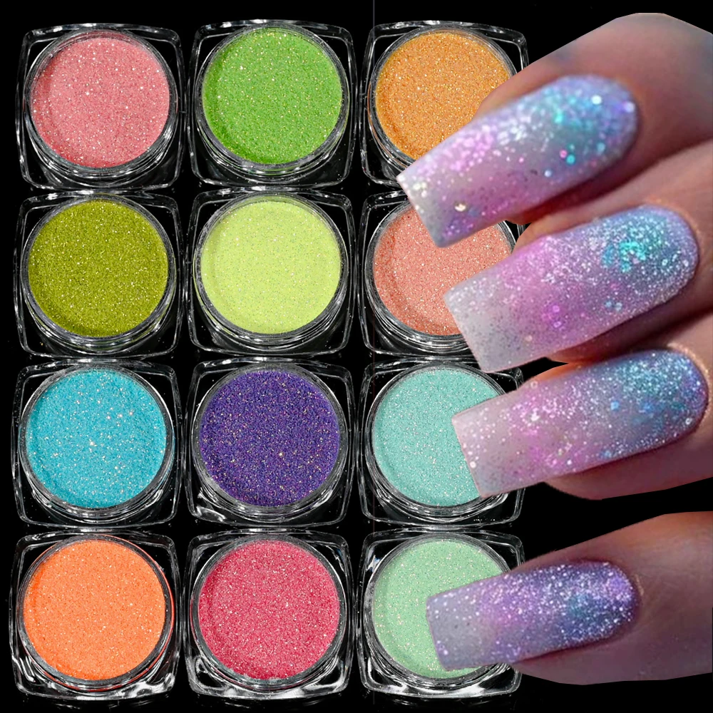 12Pcs/set Iridescent Sugar Nail Art Glitter Powder Ultra-Fine Candy Coat Sparkly Chrome Pigment for Gel Polish Manicure Art Dust