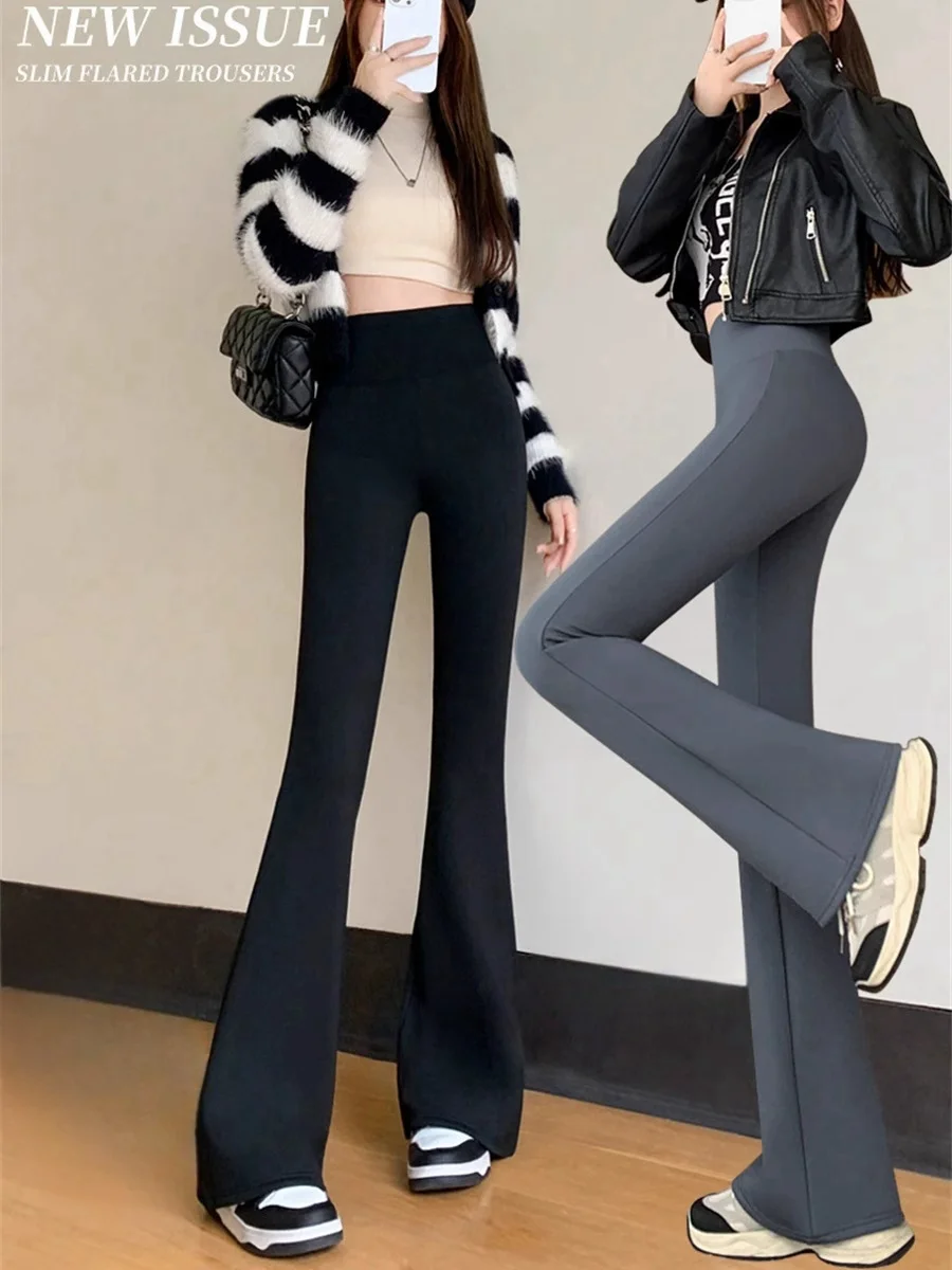 High Waist Shark Flared Pants for Women Skinny Elastic Yoga Fleece Leggings Spring Autumn Wear 2025