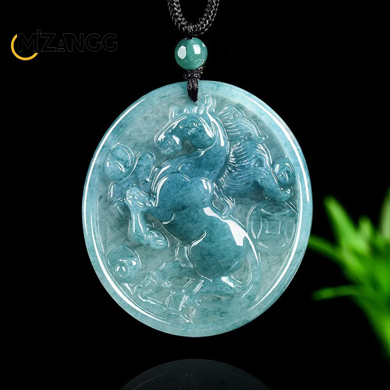 

Natural Jadeite Blue Water Instant Prosperity Pendant Hand-carved Exquisite Charm Ice-type Jadeite Necklace Unisex Festive Gift