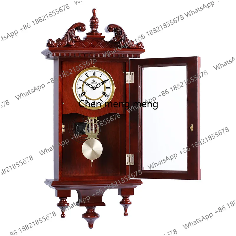 Solid wood mechanical wall clock on the hour retro clock living room European classical wall clock home pendant