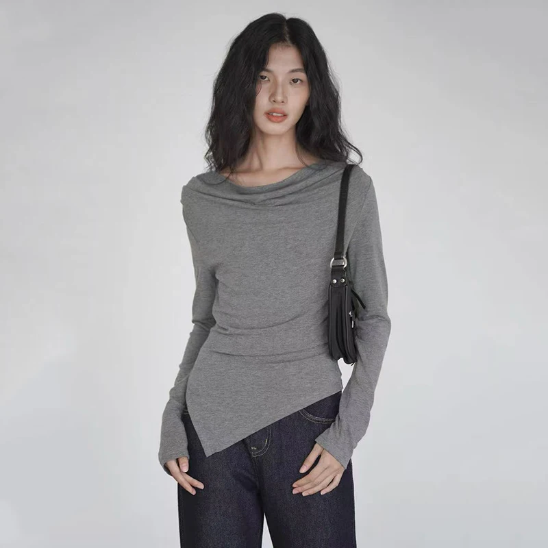 Sexy Slash Neck T Shirt Women Autumn Fashion Irregular Slim Long Sleeve Tops Y2K Korean Chic Folds All Match Female Tees New