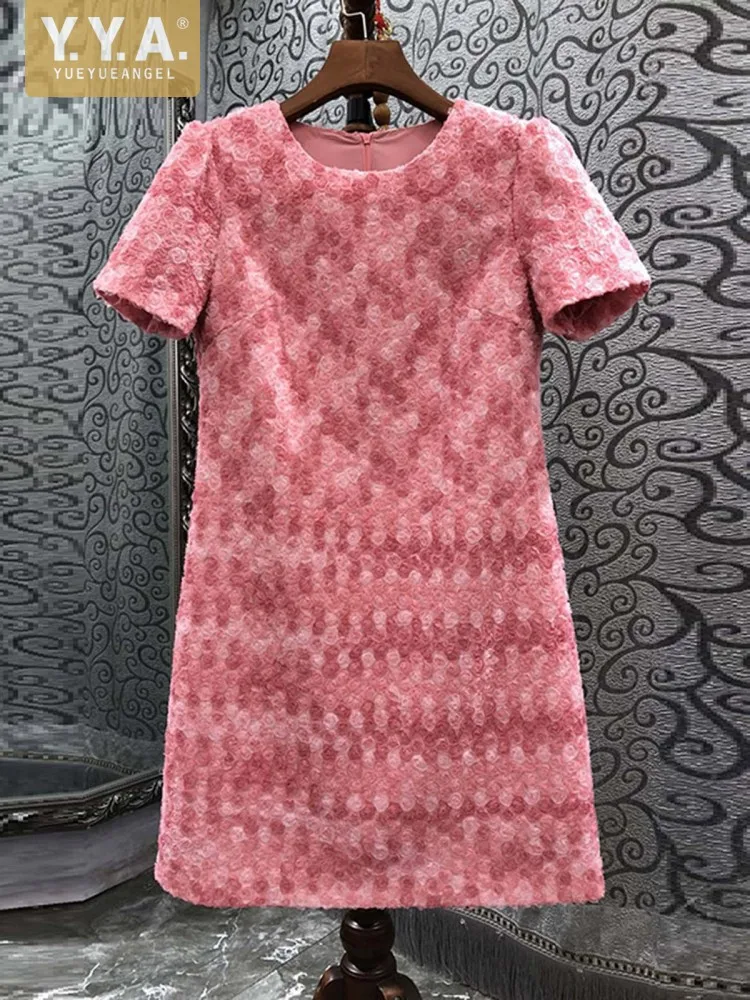 

Elegant Office Ladies New Spring Summer Flower Dress Fashion Designer Short Sleeve O-Neck Zipper Short Dresses Women Pink Dress