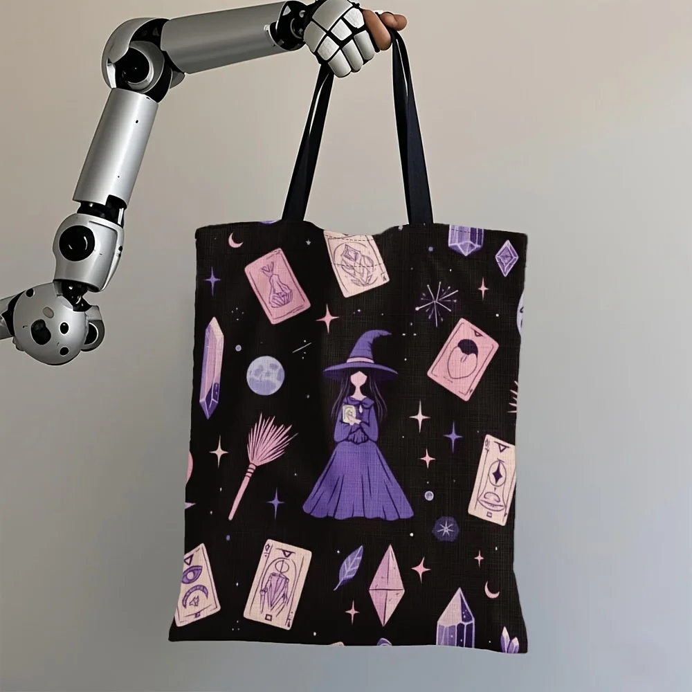 1pc Witch Tarot Astrology Stars Print Tote Bag Halloween Reusable Grocery Bag  Purple Witch Hat & Spells  Halloween Decorations