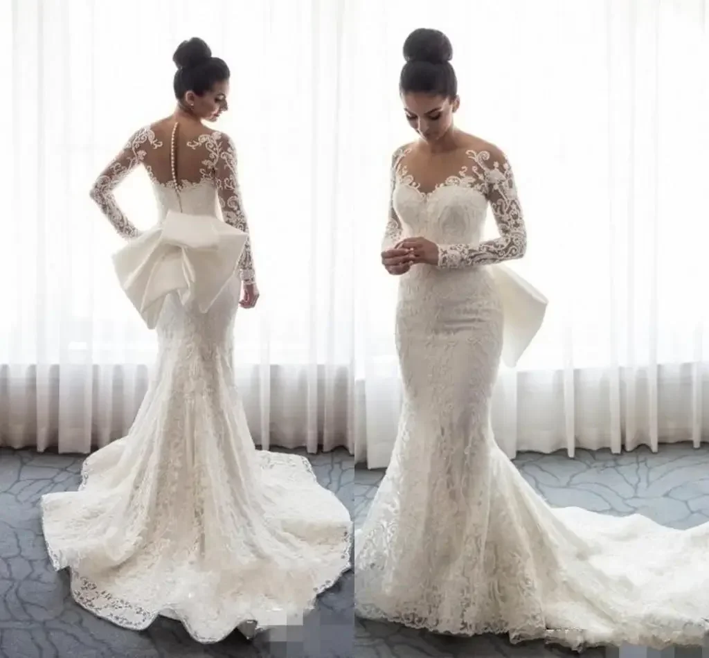 

Customized Long Sleeves Wedding Dress Mermaid Lace Bridal Gowns Mopping Section Noble Princess