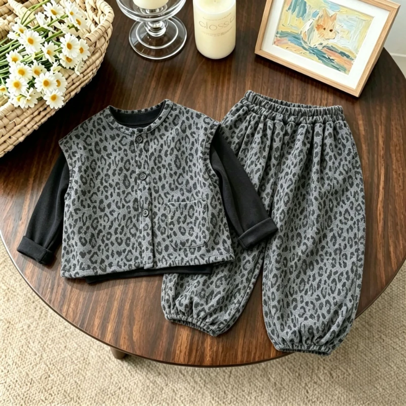 2026 New Hot Selling Design Style Leopard Print Vest Same Color Pants and Solid Color Base Shirt Three Piece Set