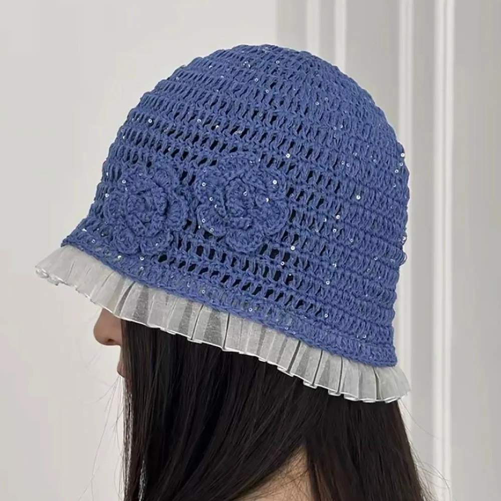 

Retro Handmade Crochet Flower Hat Glitter Hollow Out Sequin Knitted Hat Bling bling Korean Weave Cap Apparel Accessories