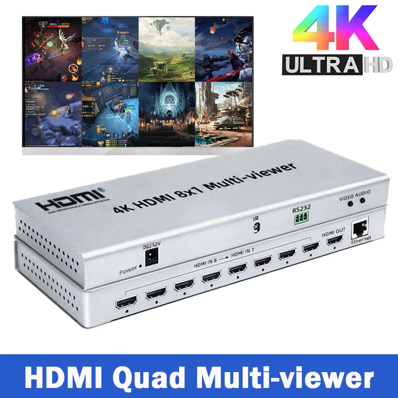 4K HDMI Multi-viewer Switch 8x1 HDMI 8 Channel Video Seamless Switch Multi viewer 8 in 1 out Screen Divider 10 Viewing Modes