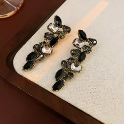 Black Rhinestone Water Drop Flower Leaf New Dangle Earrings for Women French Vintage Fashion Luxury Temperament Advanced Jewelry