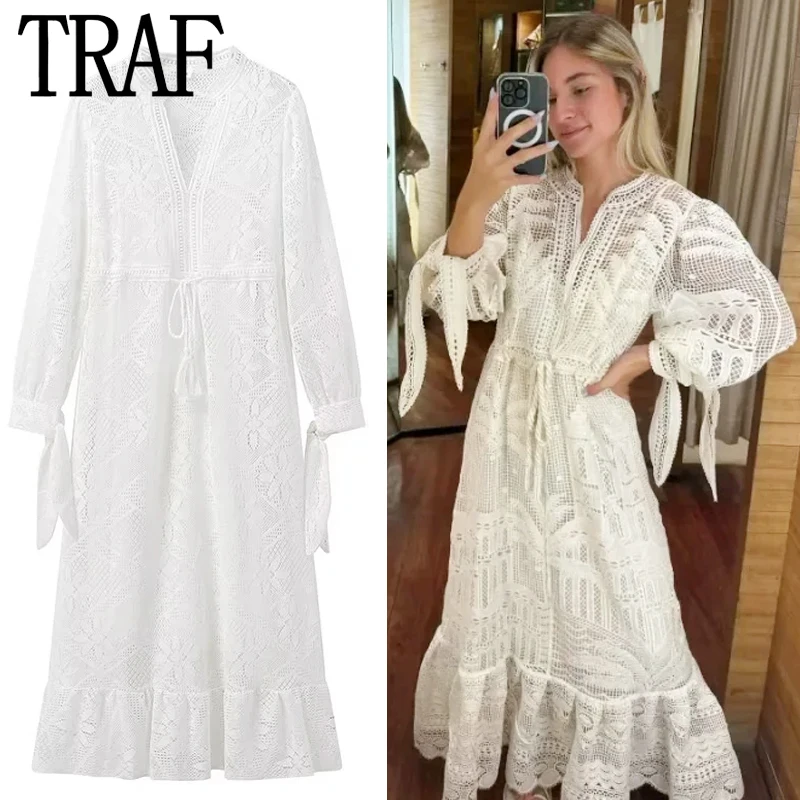 TRAF Hollow Lace Dress Womens Dresses Summer 2024 Bow White V-Neck Long Sleeve Two Piece Set Dress All-Match High Street Dresses