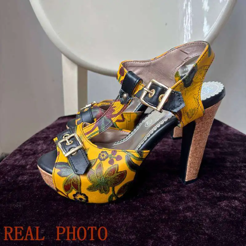 ORCHA LISA 2025 New Design Women Sandals Peep Toe Chunky Heels 12cm Platform 3.5cm T-Strap Mixed Color Flower Big Size 48 49 50 view 6