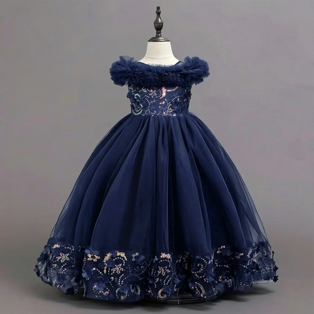 Navy Blue Girls Formal Party Gown, 3-12 Years Flower Girl Tulle Puffy Princess Tutu Dress Kids Ceremony Evening Outfit