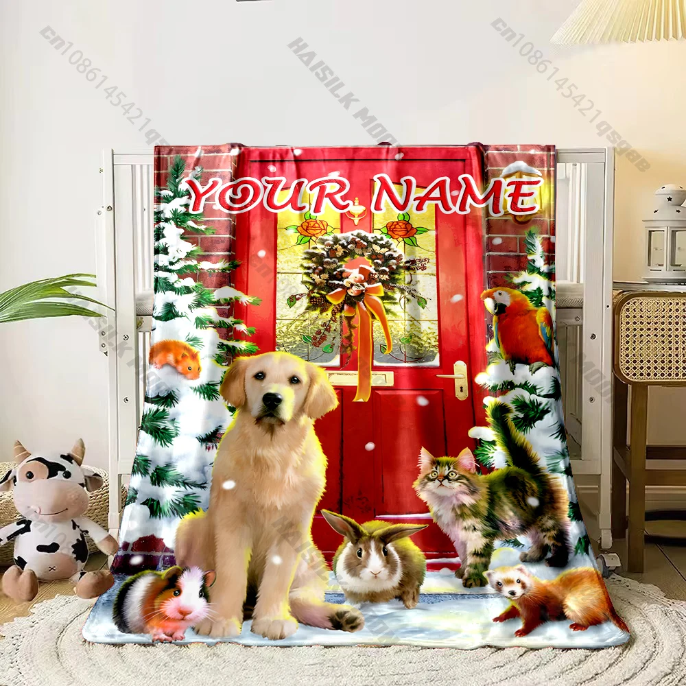 Custom Name Christmas Farm Pets Blanket Golden Dog Cat Bunny Parrot Winter Front Door Scene Flannel Sofa Throw Blanket