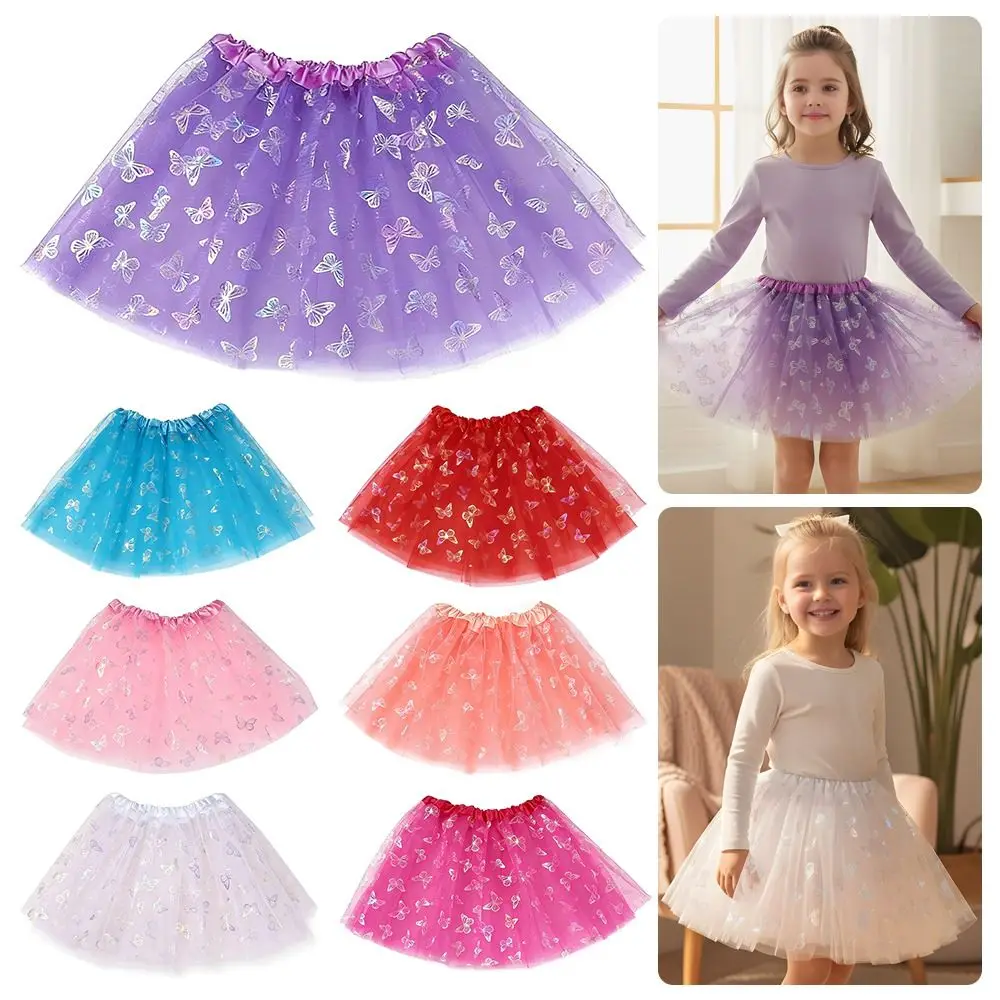 Butterfly Print Tulle Skirt Polyester Fiber Elastic Waist Dance Costume Three-Layered A-Line Short Pettiskirt Princess Style
