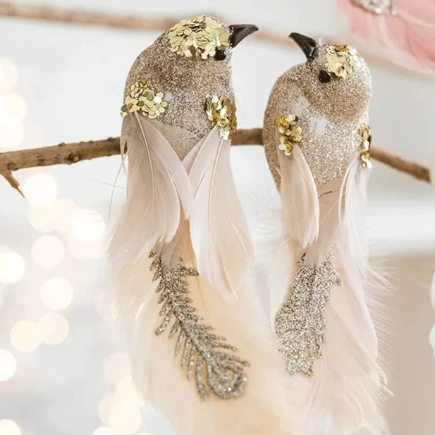 1 pair Glitter Christmas Birds Ornament Realistic Handmade Simulated Bird Pendant Exquisite Colorful Christmas Tree Decoration