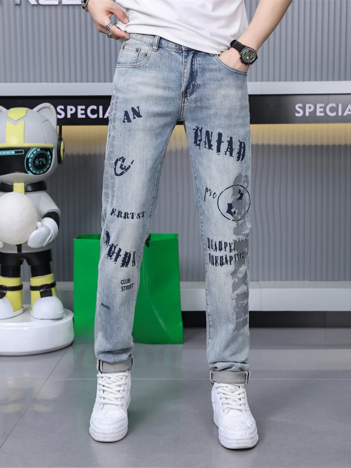 

Летние тонкие мужские джинсы премиум-класса с принтом, американские, в стиле High Street, универсальные, повседневные, эластичные, облегающие, длинные брюки из хлопкового стрейч-денима