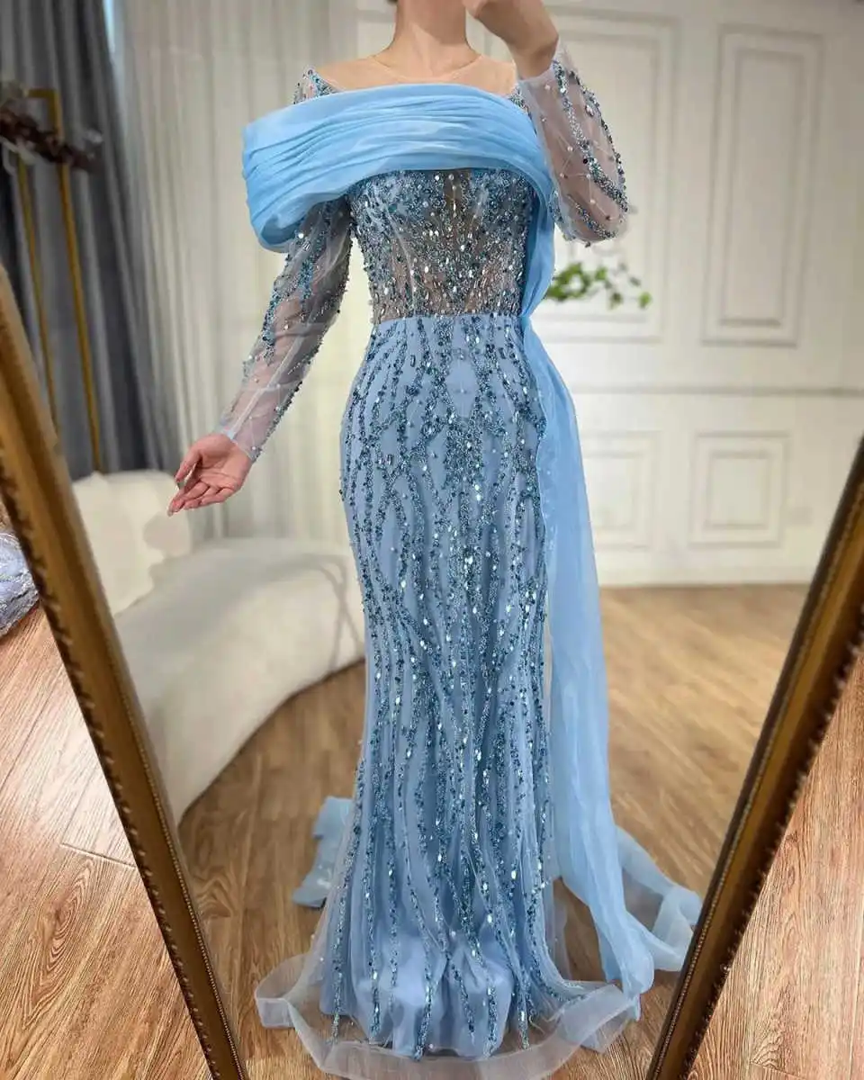 Classic Evening Dresses For Women Sheer Neck Long Sleeves Gown Sequins Prom Party Sweep Train Customized Dress