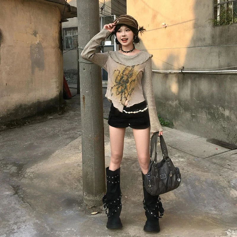 Y2K Irregular T Shirts Women Vintage 90S Print Long Sleeve Crop Tops Japanese Harajuku Aesthetic Slim All Match Split Tees New image 4