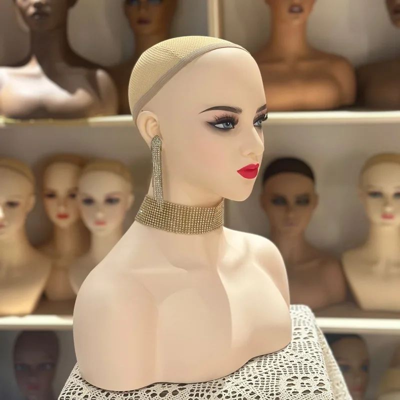 Boneca Manequim Realista Feminina Cabeça Busto com Ombro, Manequim de PVC para Perucas, Chapéus, Jóias Display