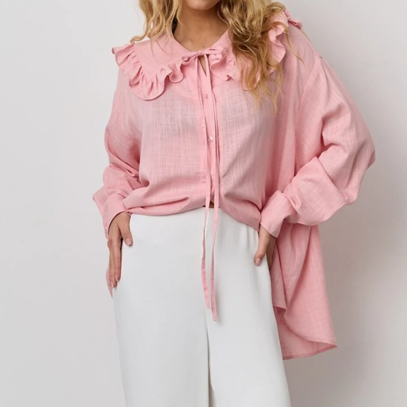 

2025 Autumn New Lace Up Doll Collar Ruffle Long Sleeved Shirt for Women's Casual Commuting