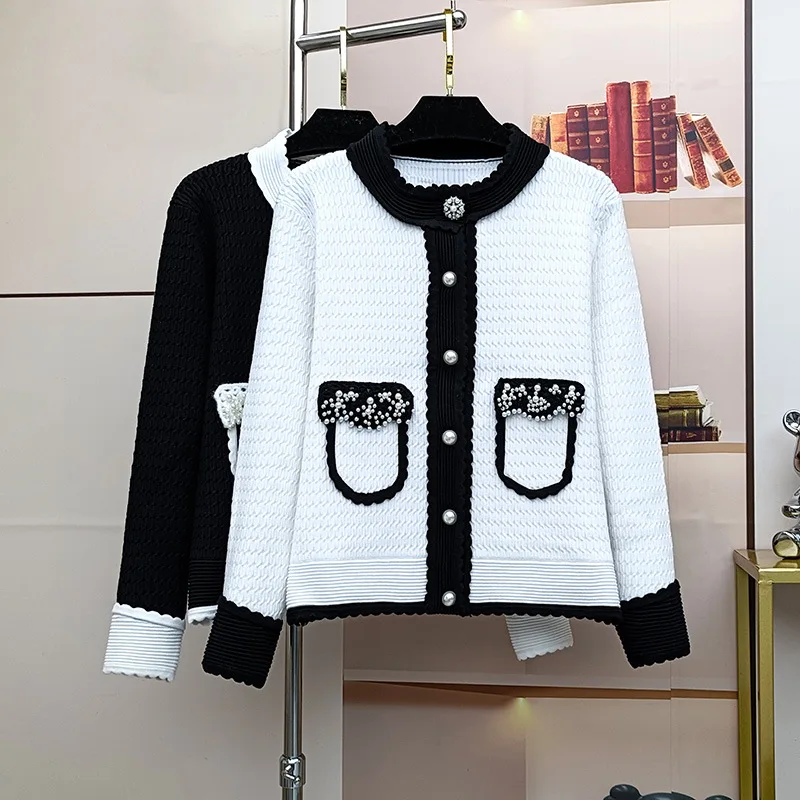 ZJYT 2024 Fashion Autumn Winter Cardigan Coat Knitted Sweaters Long Sleeve Pearls White Black Color Block Knitwears Female Tops