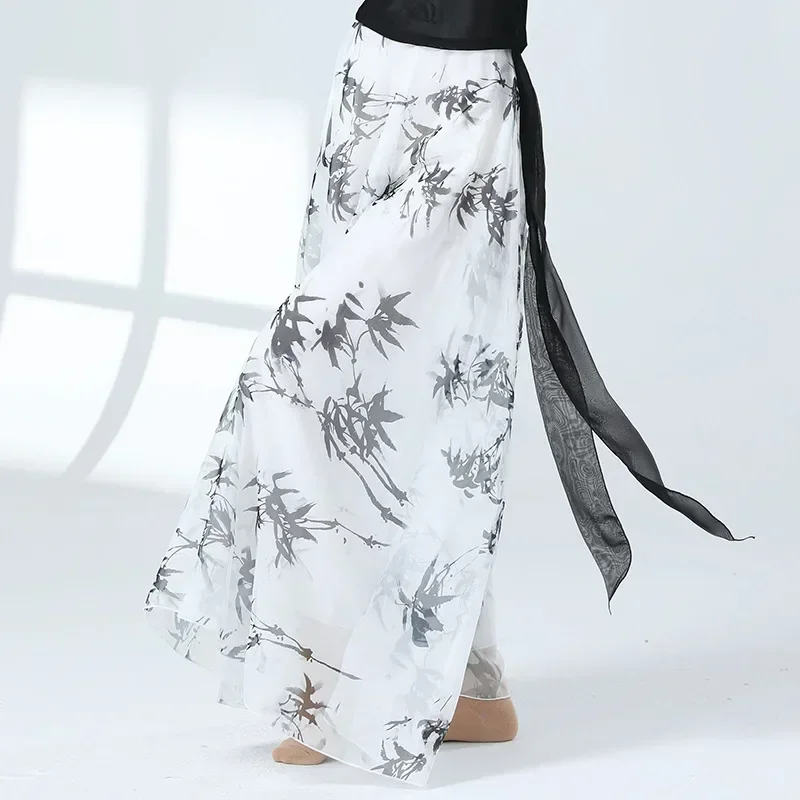 الصينية الكلاسيكية الرقص السراويل النسائية أداء فضفاض Dancewear أوراق الخيزران الحبر الطباعة الملابس ممارسة واسعة الساق كولوتيس