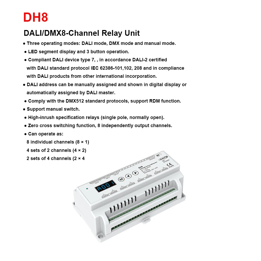 Skydance DH8 (DT7) AC100-240V Din Rail 8CH*16A DALI DMX RDM Relay Unit Controller Numeric Display For LED Lamp Lights