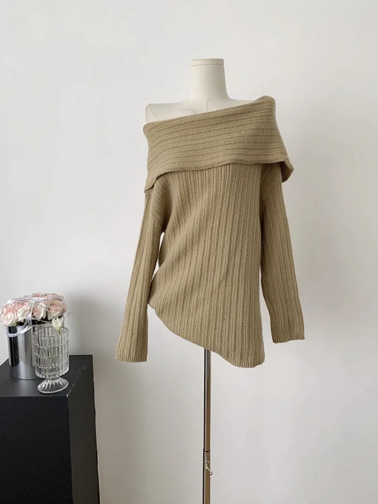 Autumn And Winter Temperament Slouchy Solid Color Knit Sweater Elegant Off-the-shoulder Sexy Women's Sweater