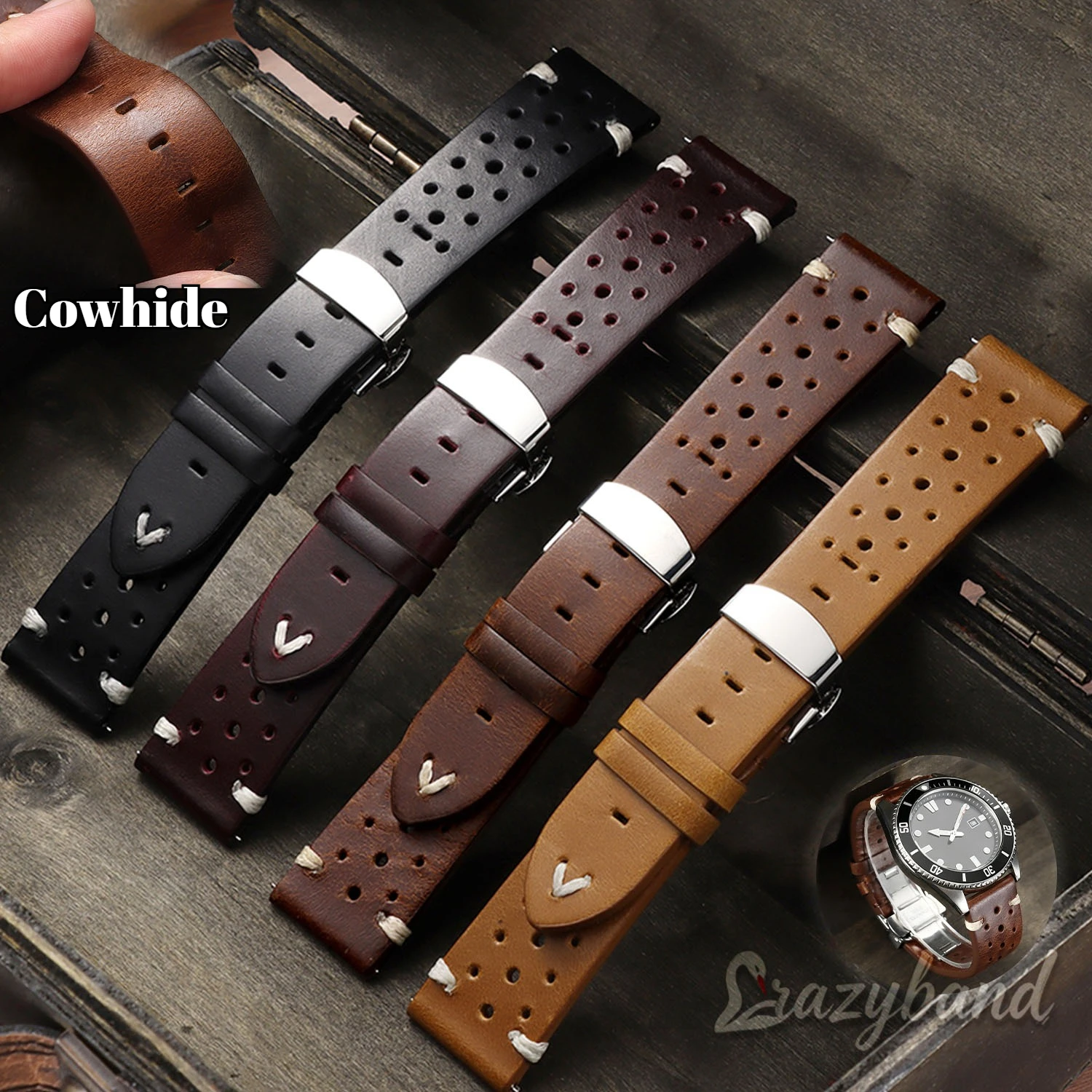 20mm22mm Oil Leather Watch Strap Quick Release Breathable Porous Band Brown Black Vintage Cowhide Band Butterfly Buckle Bracelet