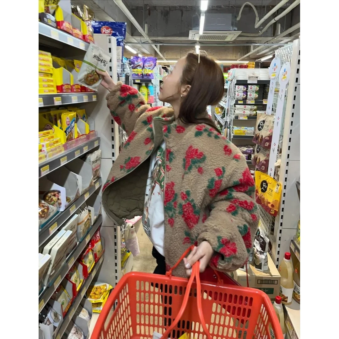 양털 프린트 코튼 혼방 여성용 스웨터 코트 봄 가을 겨울 캐주얼 야외 활동용