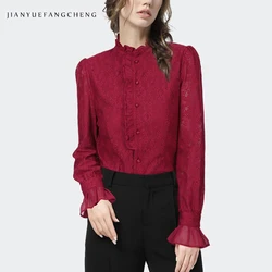 Fashion Hook Flower Hollow Wine Red Lace Shirt Women' 2024 Spring Summer Tops Elegant Slim Ruffles Retro Casual Female Shirts