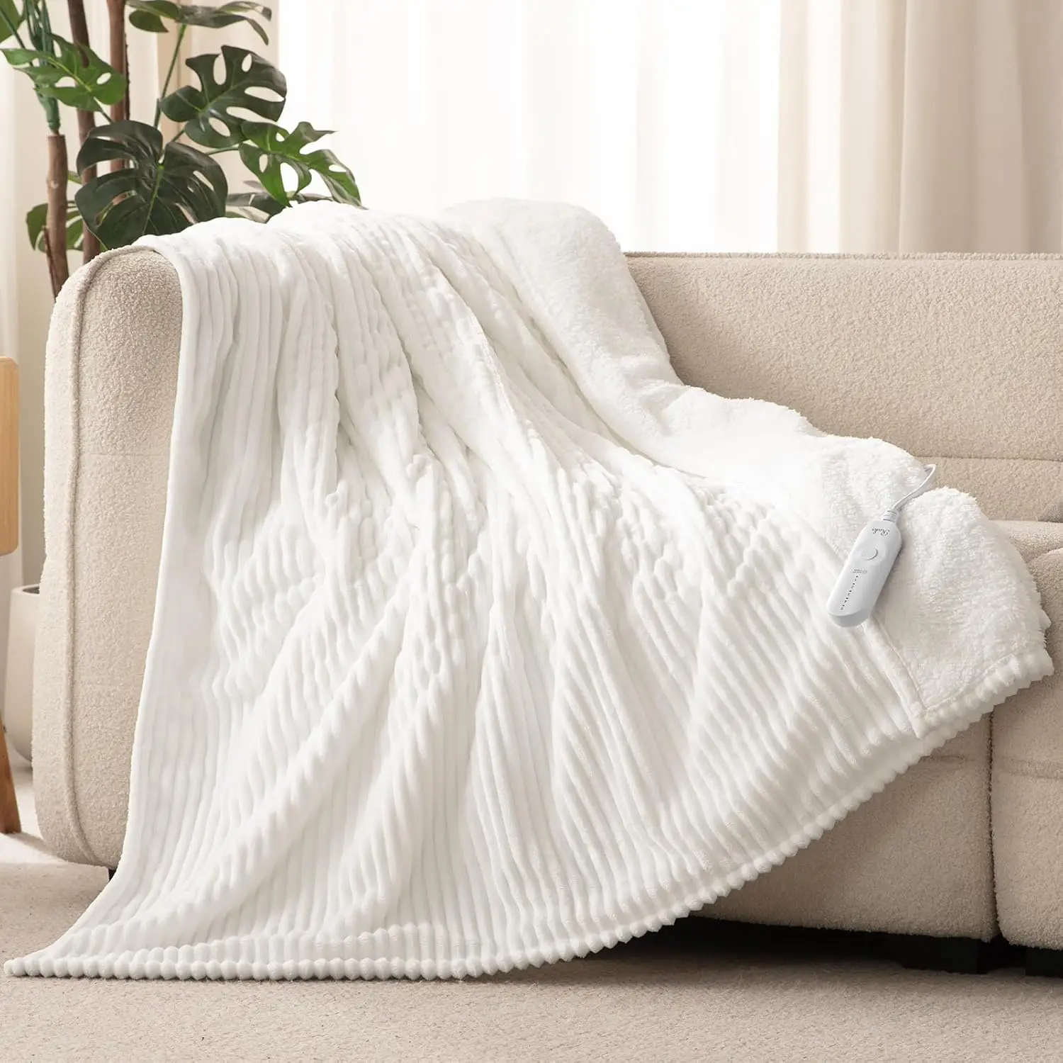 

Electric Heated Throw Blanket, 50x60 inches, Soft Flannel & Sherpa, 5 Heat Levels, Auto Off, White