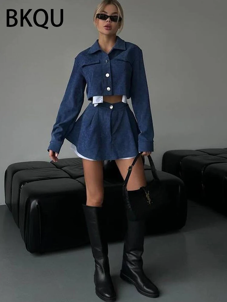 BKQU Fashion Two Piece Sets Women Jacket Outfit 2024 Vintage Long Sleeve Button Coat+High Waist Mini Skirt Female Y2K Streetwear