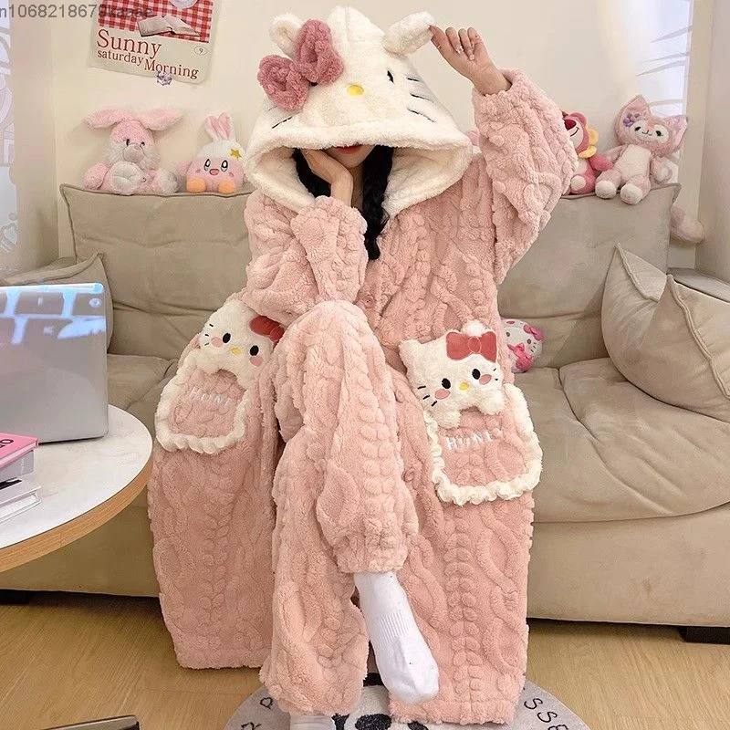 Sanrio Hello Kitty Women Winter Coral Velvet Sleepwear New Thickened Long Sleeve Cute Home Clothes Sweet Y2k Girl Hooded Pajamas