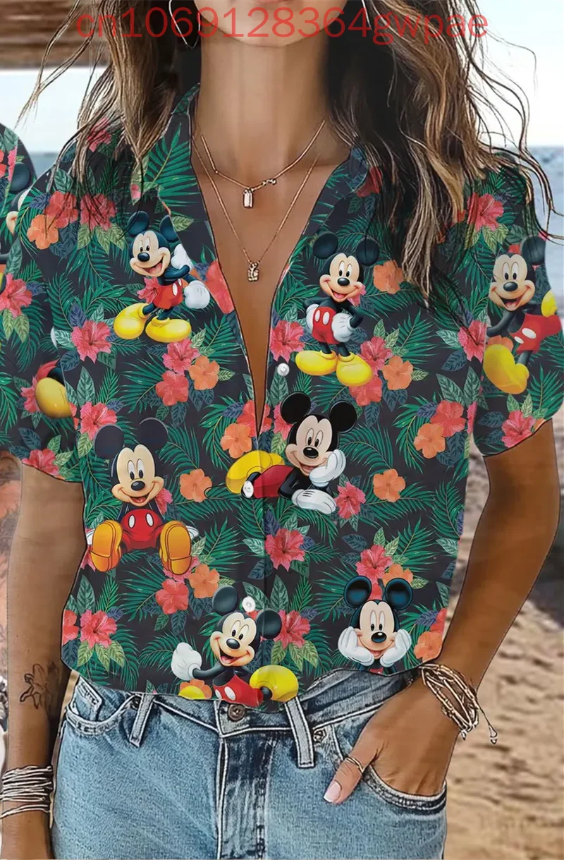 

Disney Cruise Trip Hawaiian Shirts Women's Short Sleeve Button Shirts Mickey Minnie Summer Casual Beach Shirts