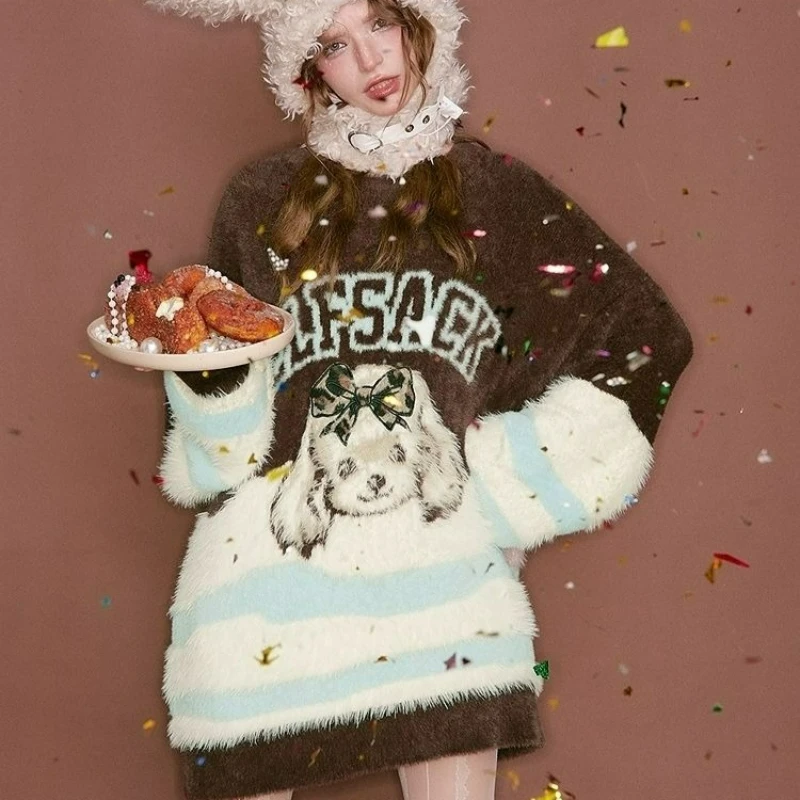 Winter 2026 New Style Fashion Casual Loose Versatile Mink Fur Pullover Sweet Cute Printed Puppy Color-blocking Sweater for Women