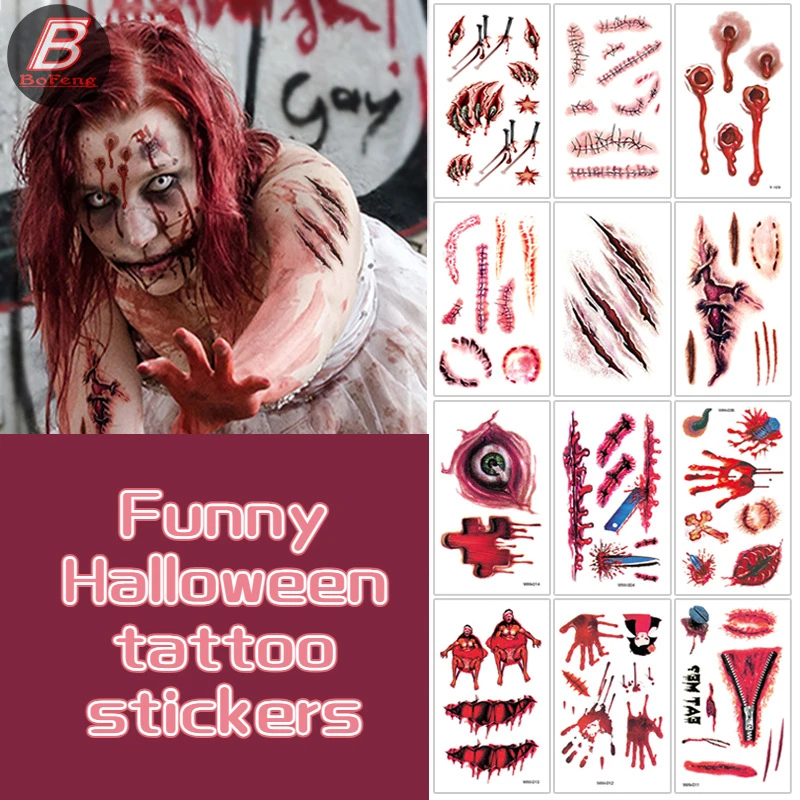 

10PCS Halloween Tattoo Sticker Simulation Temporary Fake Bloody Wounds Sticker Realistic Terror Wound Funny Scary Tattoo Sticker