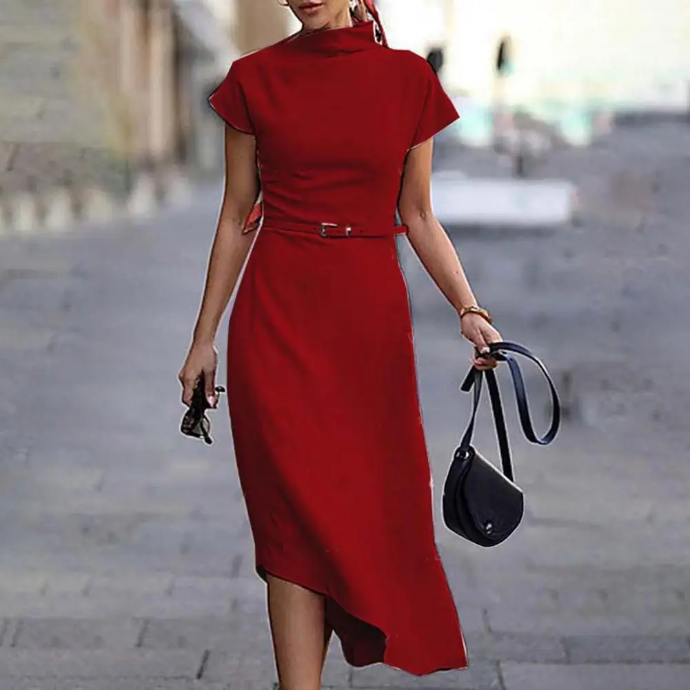 Elegant  Lady Dress Solid Color Short Sleeve Half High Collar Tight Waist Oblique Hem Office Dress Female Clothes