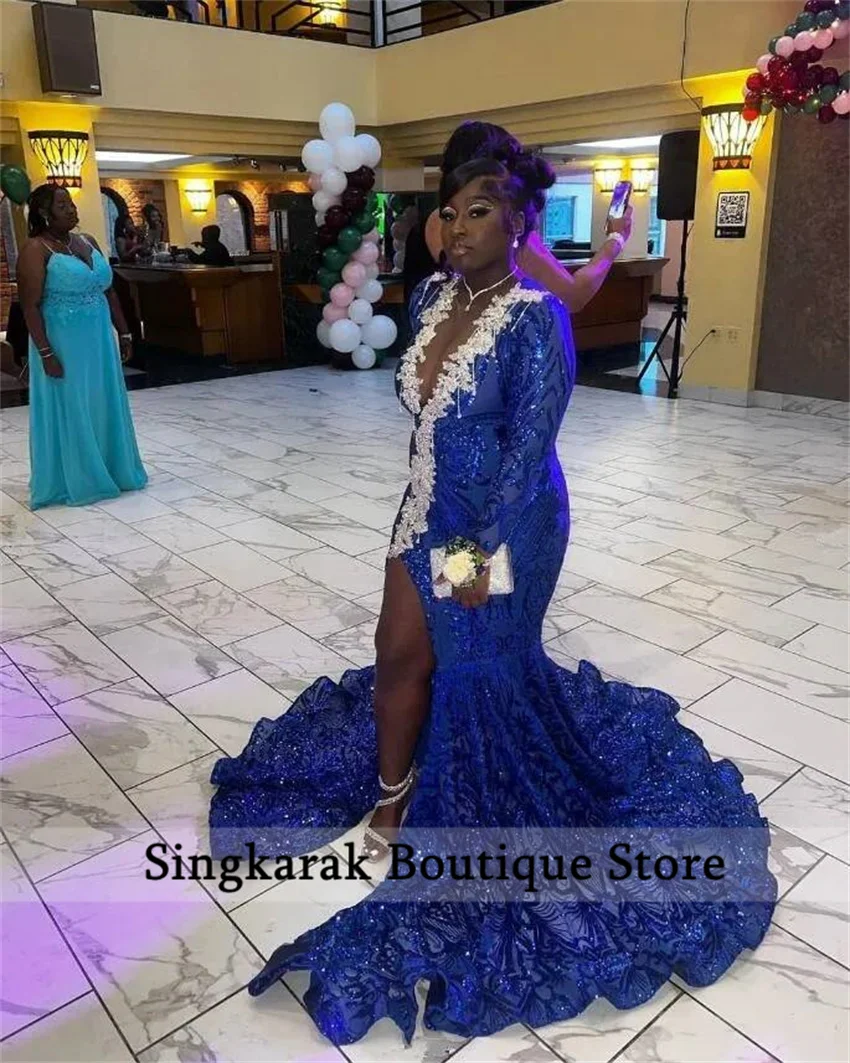 Azul real sereia longo baile de formatura vestido elegante grânulo lantejoulas vestido diamantes noite robe vestidos de festa de aniversário personalizado