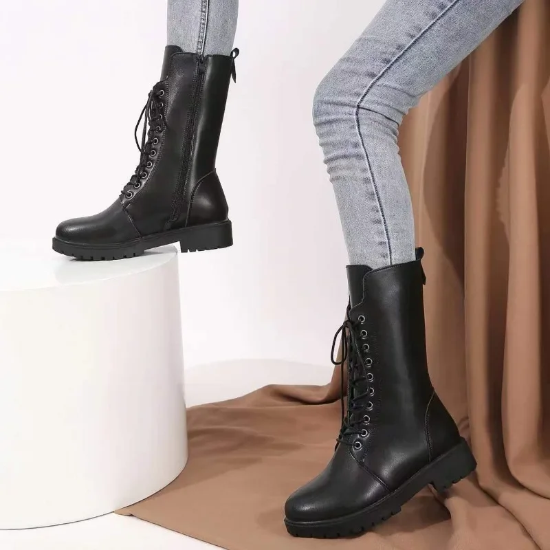 Women\'s Designer Knight Boots  Autumn Winter Fashion lace up Side Zipper Ankle Boots Woman Platform Shoes Bota De Vaqueiro