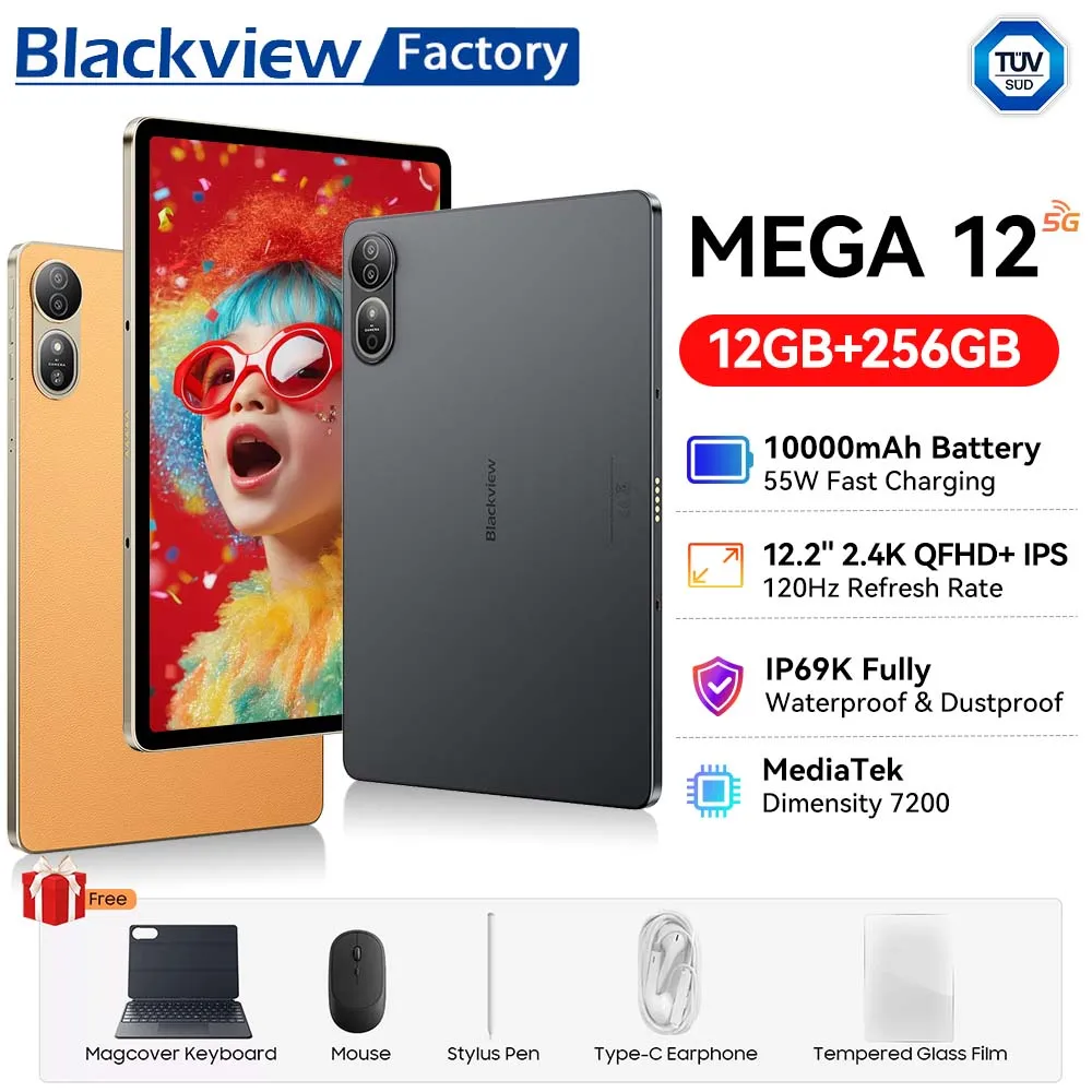 Blackview MEGA 12 5G Tablet 12.2" 2.4K 120Hz Display 50MP+13MP Camera 10000mAh Battery Dimensity 7200 CPU Android 16 Tablets PC