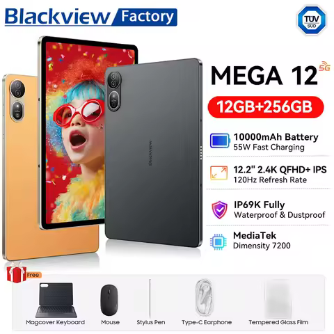 Blackview MEGA 12 5G Tablet 12.2" 2.4K 120Hz Display 50MP+13MP Camera 10000mAh Battery Dimensity 7200 CPU Android 16 Tablets PC