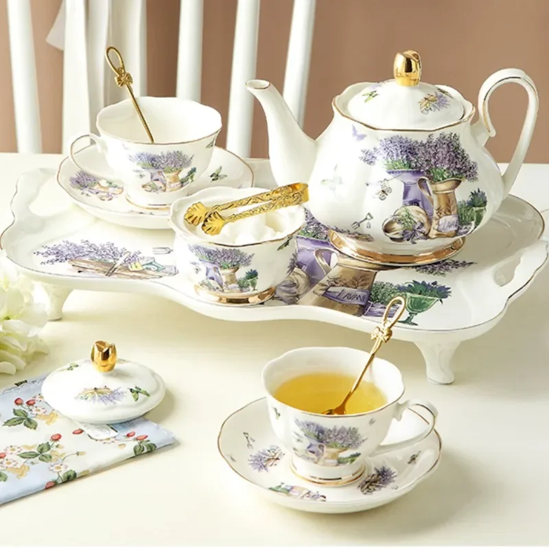 

Lavender Tea Set Fruit Plate Tray Bone China Coffeeware Teacup Saucer Milk Jar Sugar Bowl Coffee Pot Cake Decor Plates Kitchen