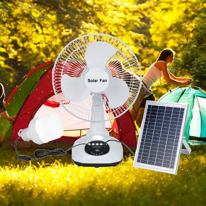 12 Inch Solar Fan Portable Rechargeable Fan With Solar Panel 3 Gears Wind Music Playback LED Light For Camping